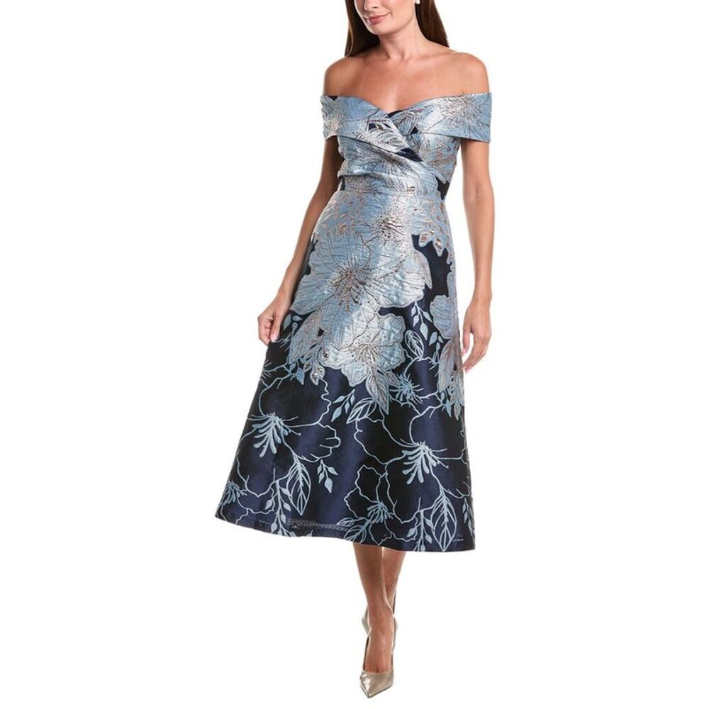 Teri Jon By Rickie Freeman Womens Metallic Jacquard Floral Off-Shoulder Fit N